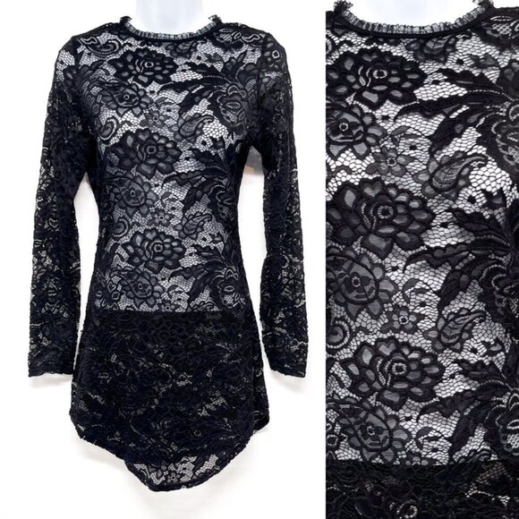 Anthropologie Tops - Sheer Black Floral Lace High Neck Long Sleeve Tunic Top Shirt Bodycon Fitted